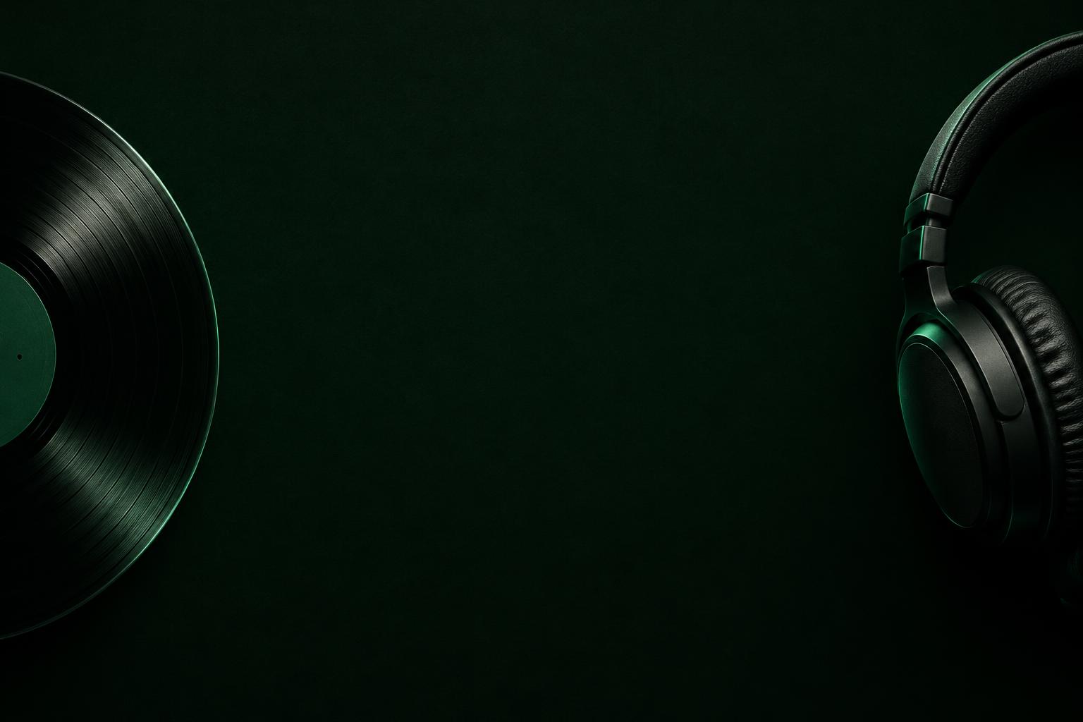 Audífonos y disco de vinilo en un estudio verde oscuro
